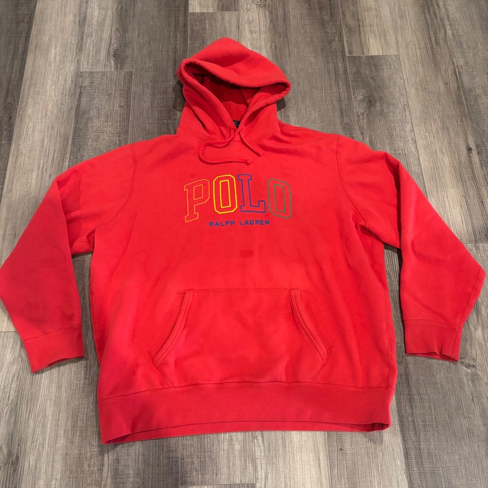 Polo Ralph Lauren Mens Red Multi Color Embroidered Logo Hoodie Sweatshirt XXL